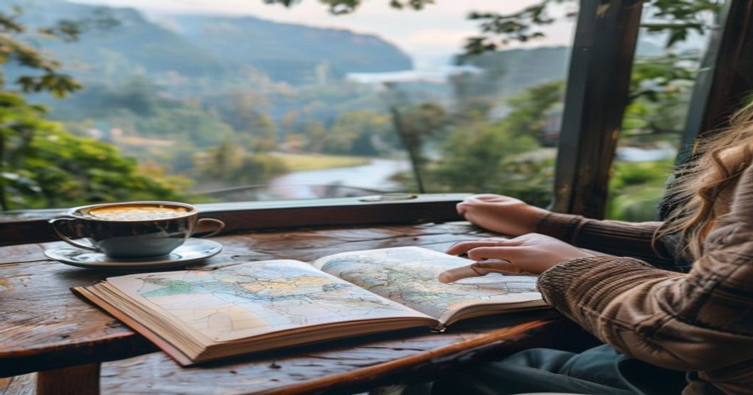 Person planning a travel itinerary with a map and notebook at a café table