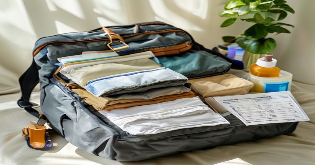 packing tips for long trips: organized backpack with rolled clothes and travel essentials