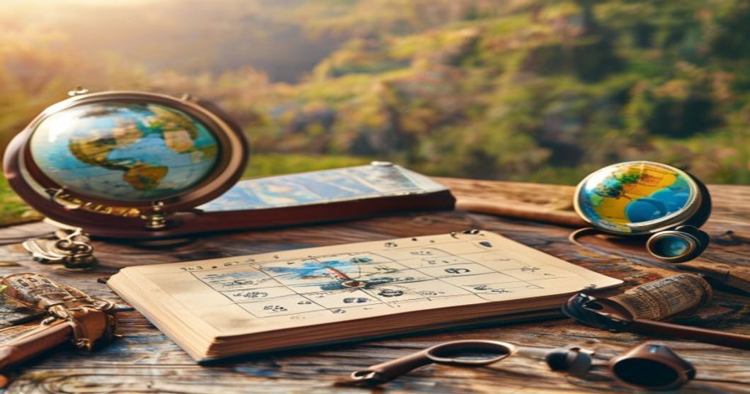 Travel planning guide showing best time to visit destinations with calendar and travel essentials