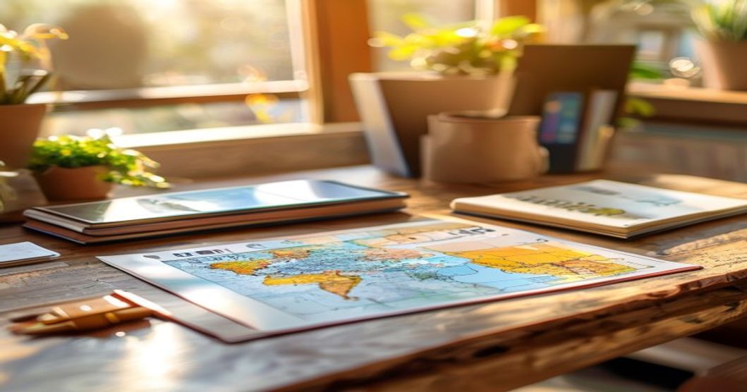 Travel credit card surrounded by travel essentials like passport and boarding pass on a desk with a world map