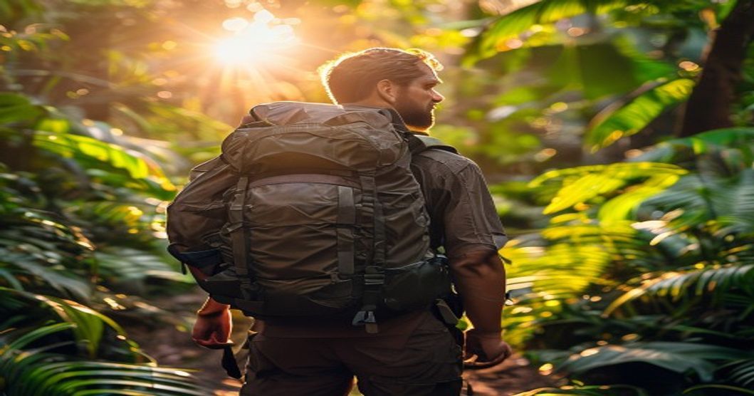 Travel backpack with hip belt fitted properly on a jungle hiker