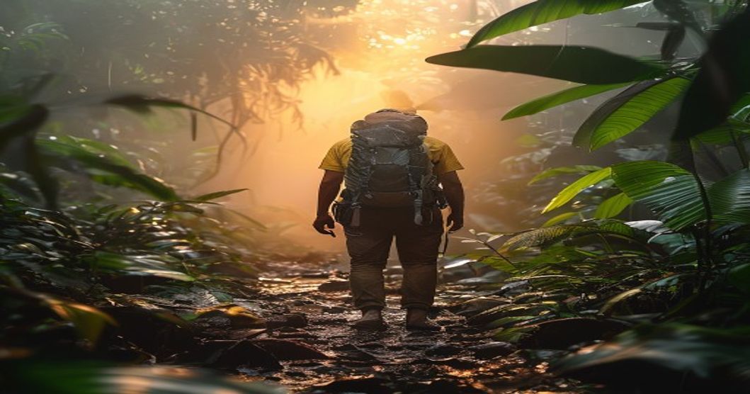 Lightweight waterproof travel backpack worn on a monsoon hiking trail in tropical jungle with rain-soaked vegetation