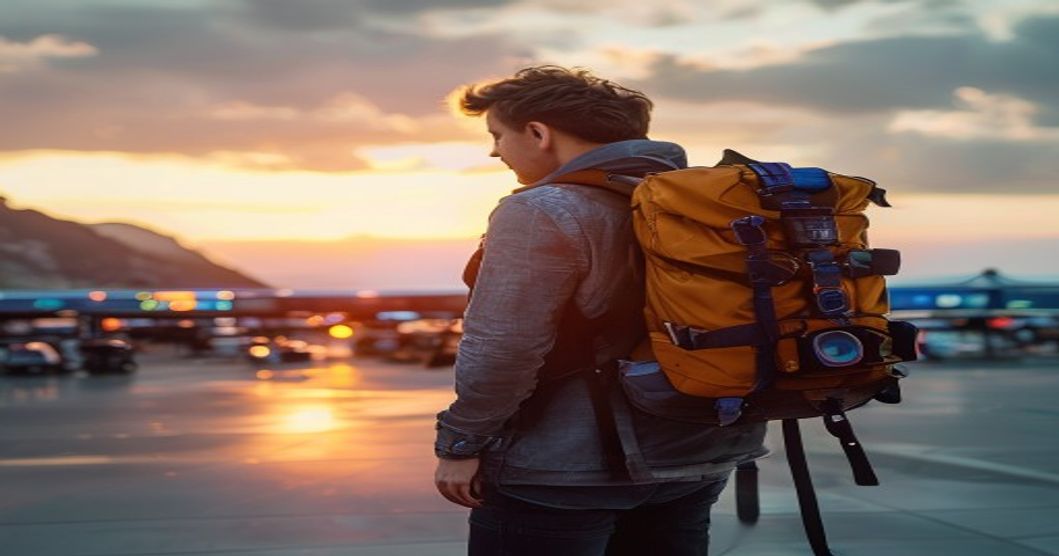 Travel backpack for photography gear opened to display organized camera compartments and lens storage at an airport terminal