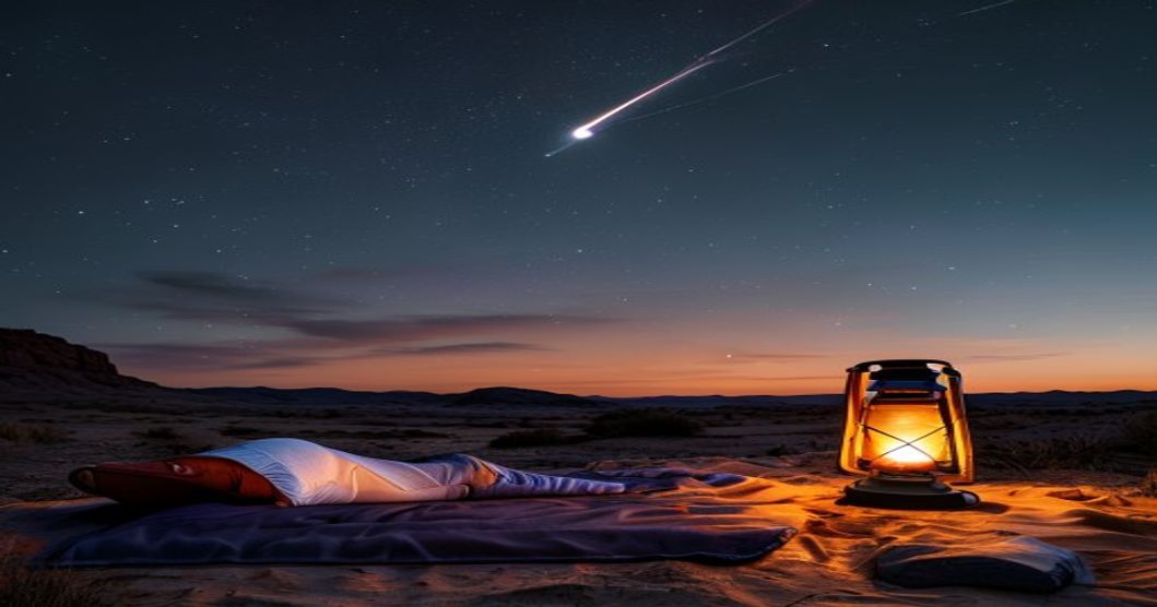 Camper watching meteor shower from tent camp at night with starry sky above