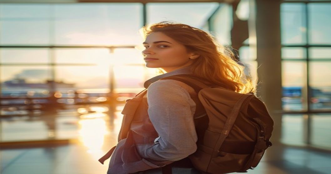 Solo female traveler with anti-theft travel backpack at airport terminal, RFID blocking protection visible