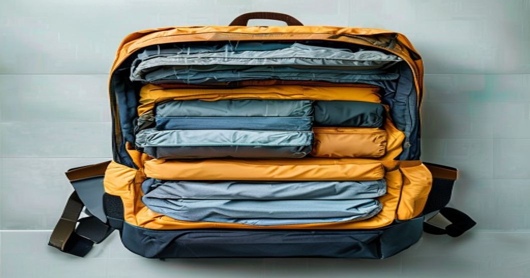 Travel backpack with expandable compartments packed for European trip, showing organization and weather gear