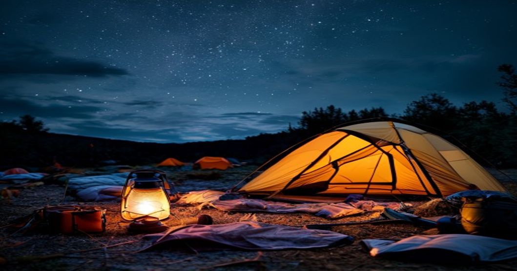 camping gear setup under starry night sky for meteor shower viewing