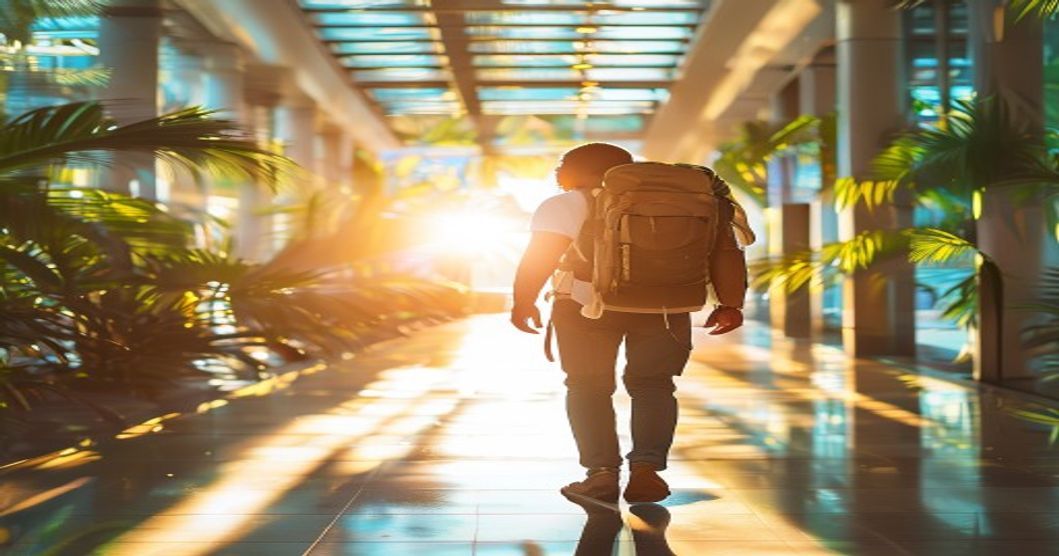 Travel backpack with ventilated back panel being worn by a traveler in a bright, warm climate airport setting
