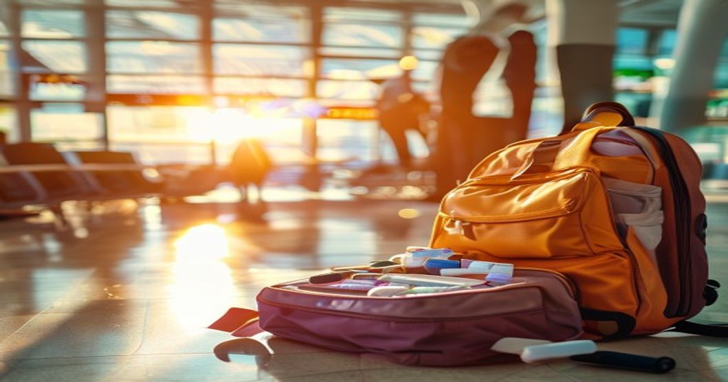 Traveler packing allergy medication and essentials into a carry-on backpack at the airport