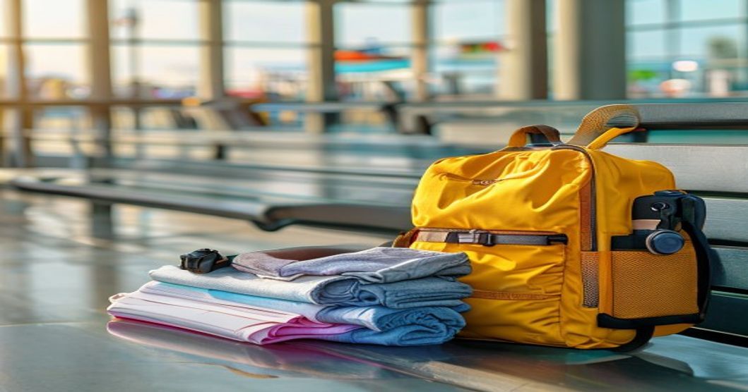 Compact travel backpack under 35 liters packed for city hopping adventure at airport terminal