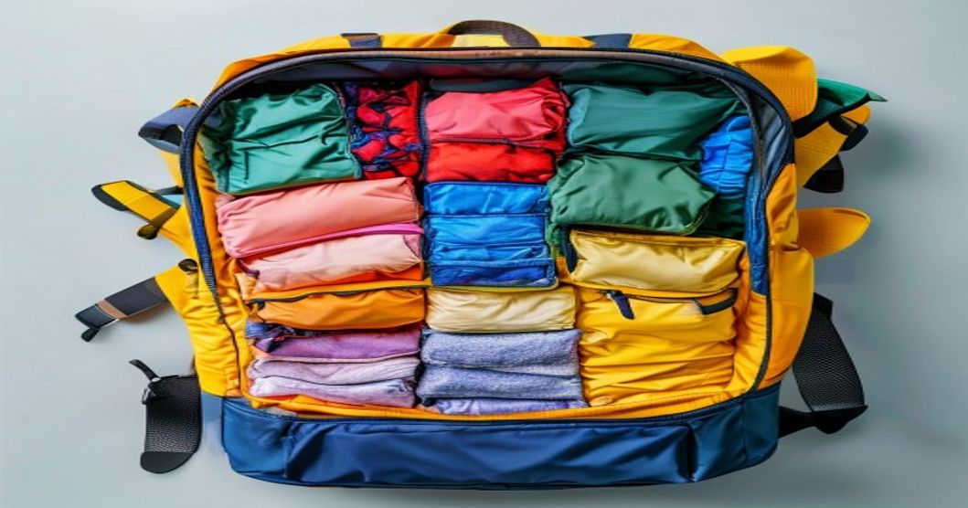 Open travel backpack showing organized side-loading access with neatly packed layers and clothing visible inside