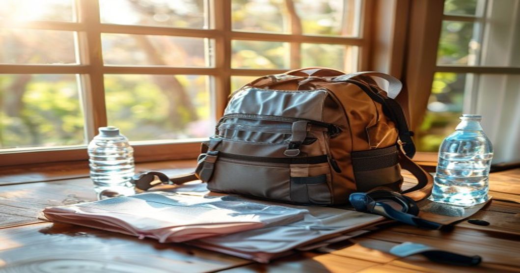 Travel gear and safety items for wildfire season laid out and organized for packing