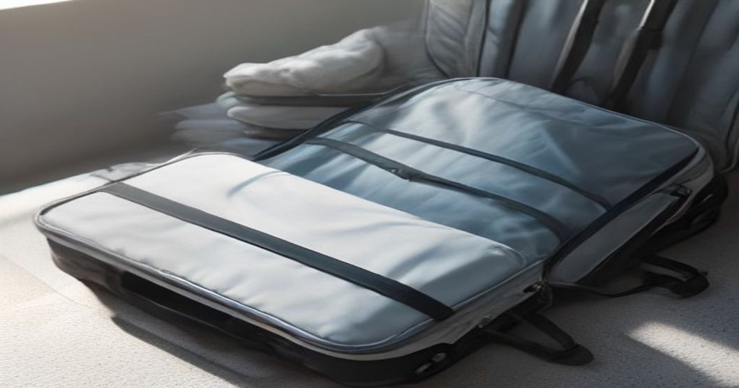 Well-organized packing setup for long trips with rolled clothes and open backpack near a sunny airport window