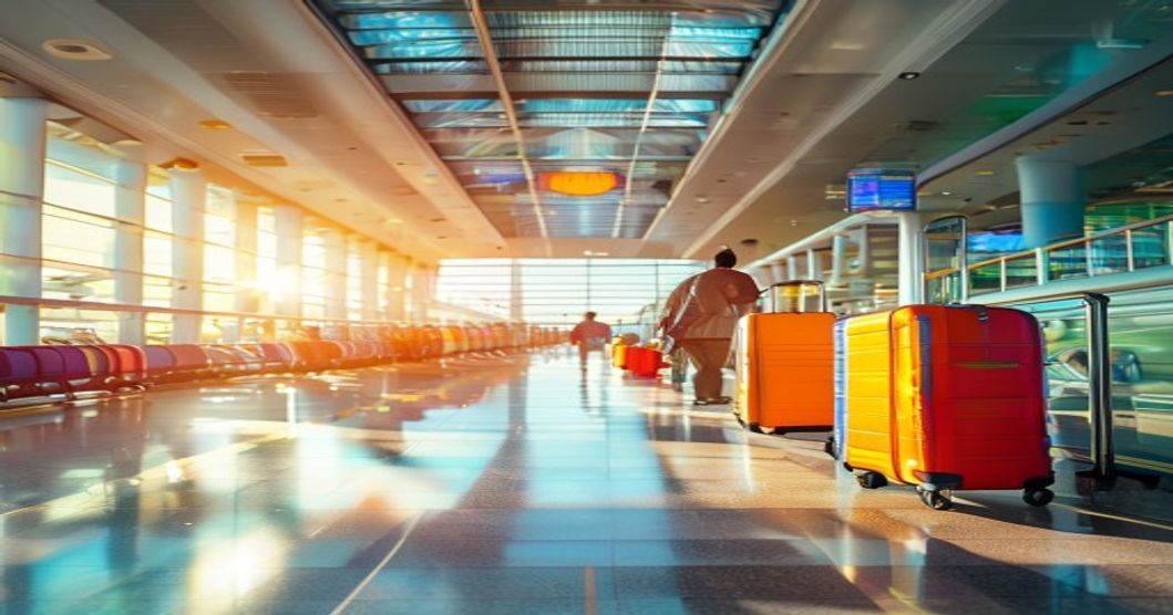 traveler inspecting luggage at airport carousel to prevent damage