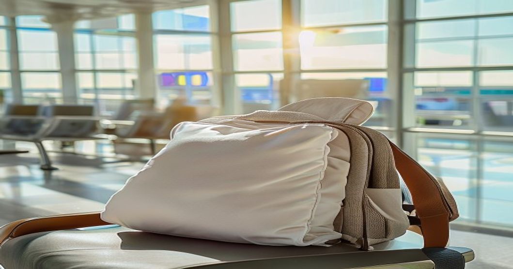 Best travel pillow for neck support resting on a packed backpack at an airport departure gate