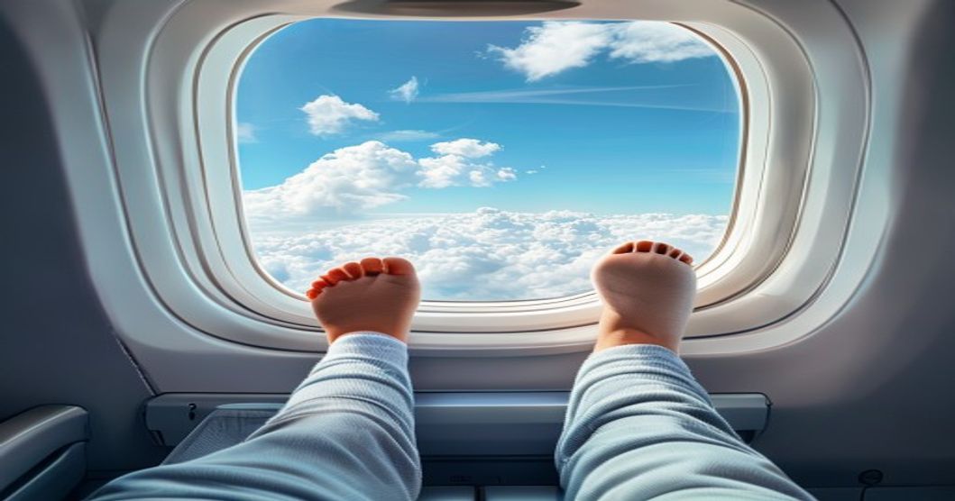 Traveler wearing comfortable travel socks on a long flight with feet elevated on footrest