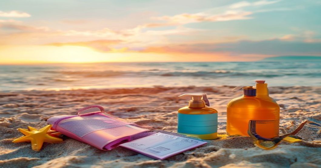Open travel toiletries bag on beach sand with sunscreen bottle and travel essentials, golden sunset light