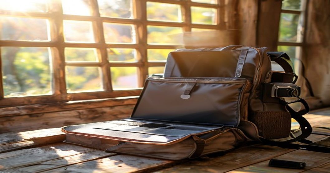Open travel backpack under 50 liters showing organized laptop compartment and packed travel essentials in natural daylight