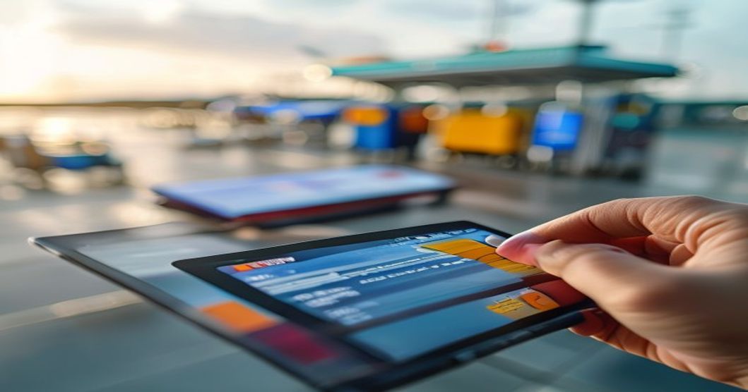Traveler using credit card to book flights on tablet at airport
