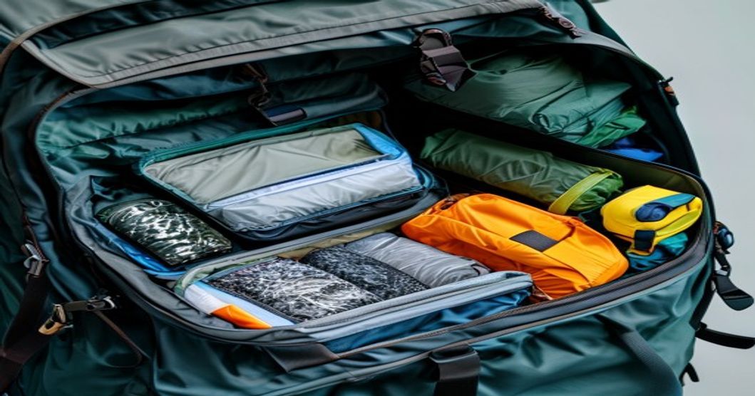 Interior view of waterproof compartments in a travel backpack with organized packing and rain cover