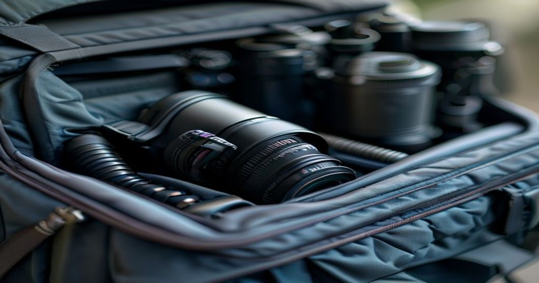 Detailed view of camera backpack internal compartments with padded lens dividers and modular organization for photography gear