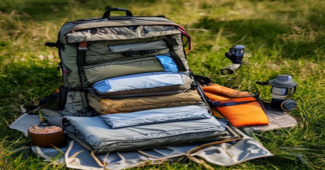 Packed travel gear for camping laid out showing sleeping bag, pillows, and lighting equipment