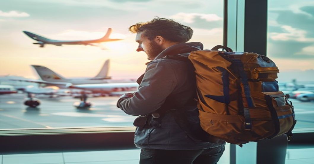 Traveler checking expandable compartments on backpack at airport terminal before departure