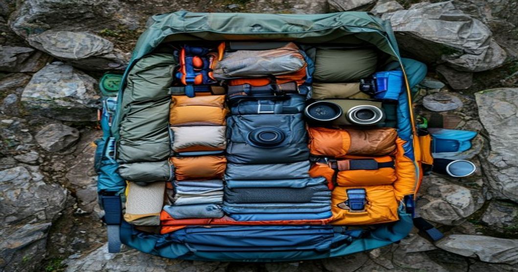 organized camping backpack with essential gear for meteor shower trip