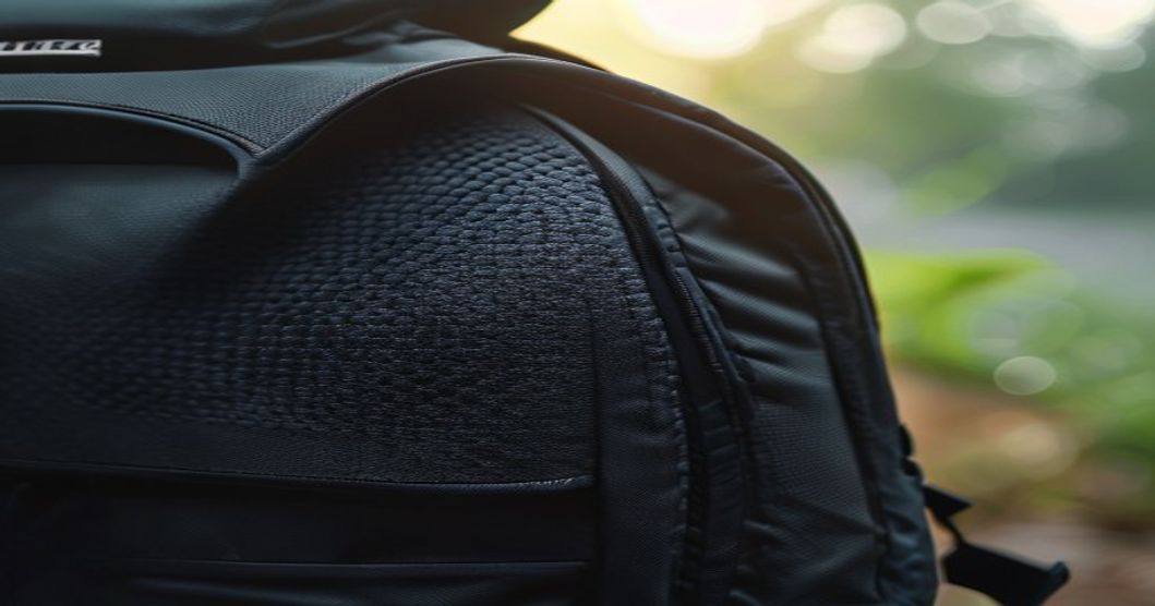 Ventilated back panel mesh design on a travel backpack showing airflow channels and moisture-wicking material