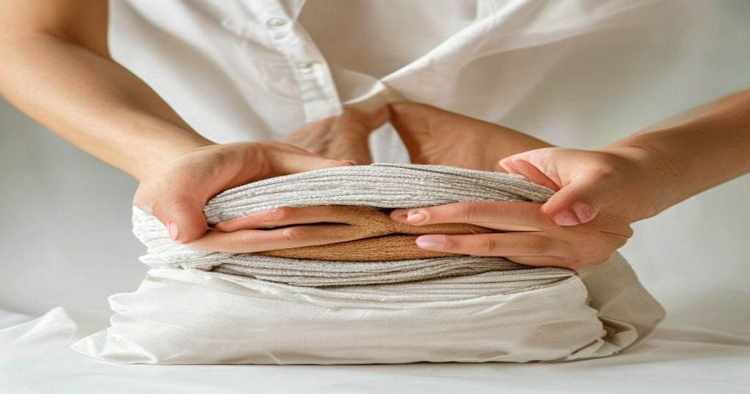 Packing with compression bags: hands showing rolled clothing and space-saving technique