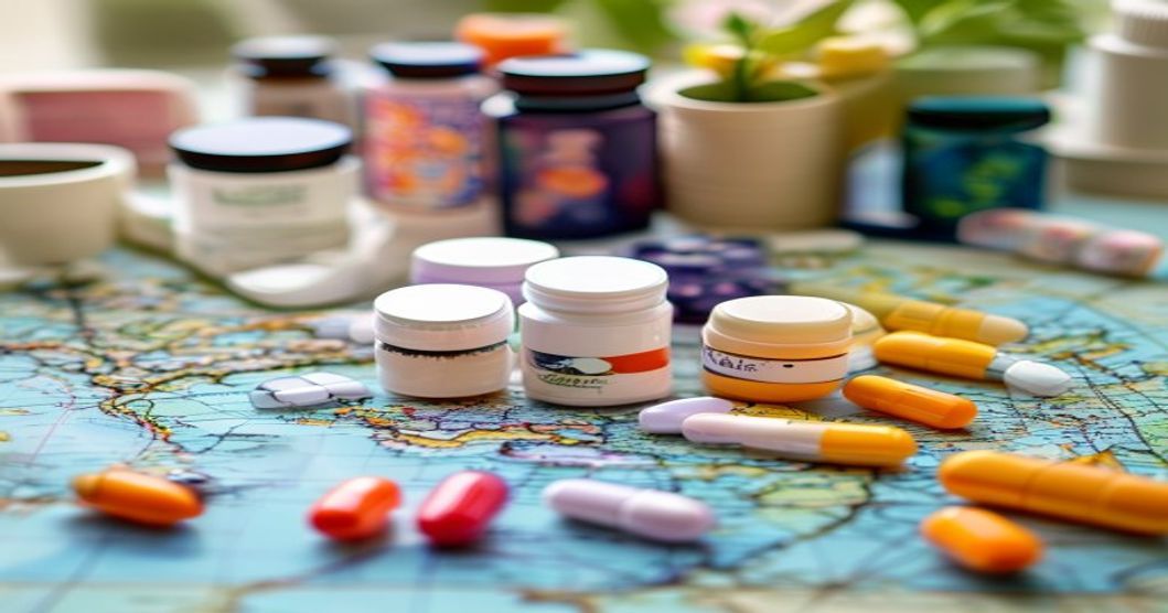 Array of allergy medication options laid out for international travel planning