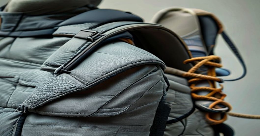 Close-up of curved shoulder straps on a travel backpack showing ergonomic padding and arch design