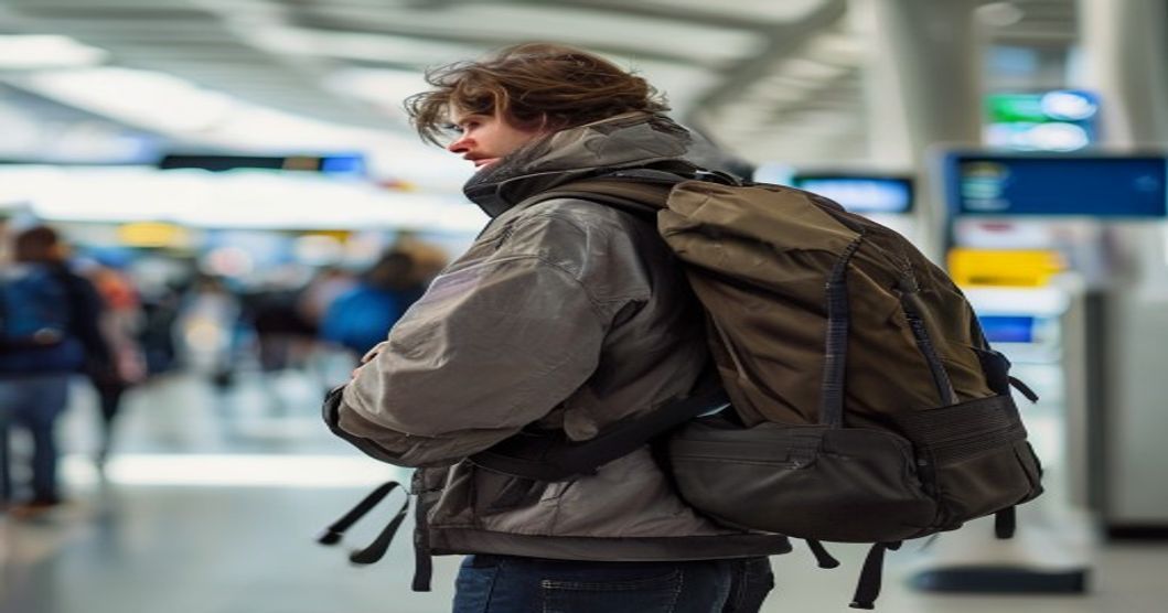 Traveler accessing packed items quickly through side-zip opening at airport security