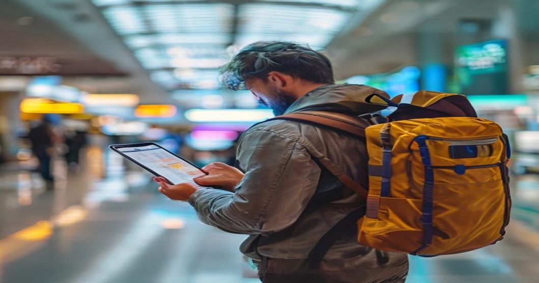 Traveler preparing for hurricane season travel by checking weather updates on mobile device at airport