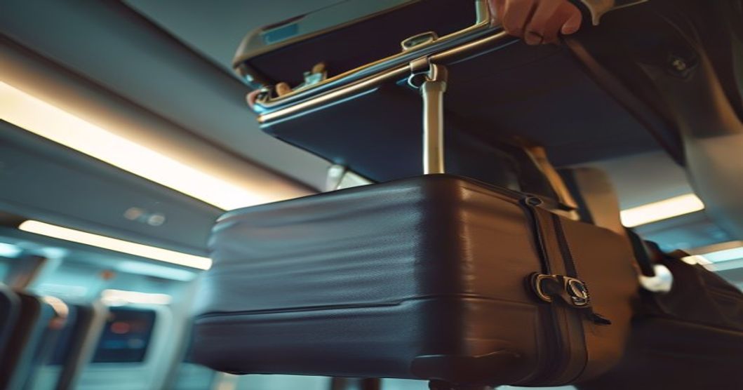 carry-on luggage being placed in overhead bin during boarding