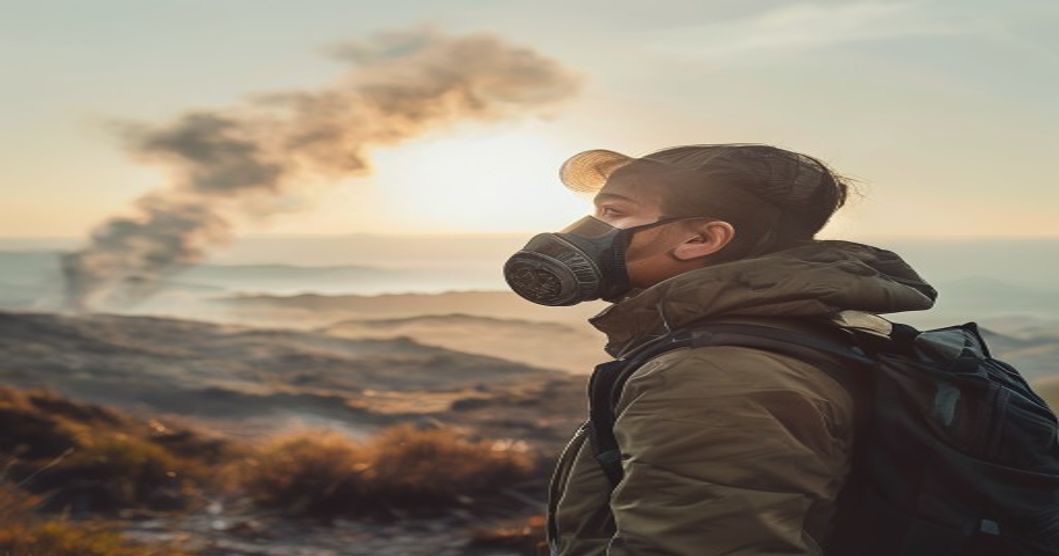 Traveler preparing for wildfire season travel with proper respiratory protection and awareness