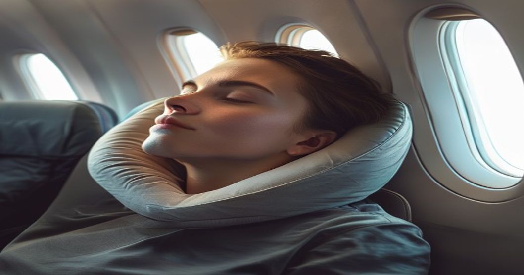 Traveler using a neck support pillow on a long-haul flight for comfortable sleep
