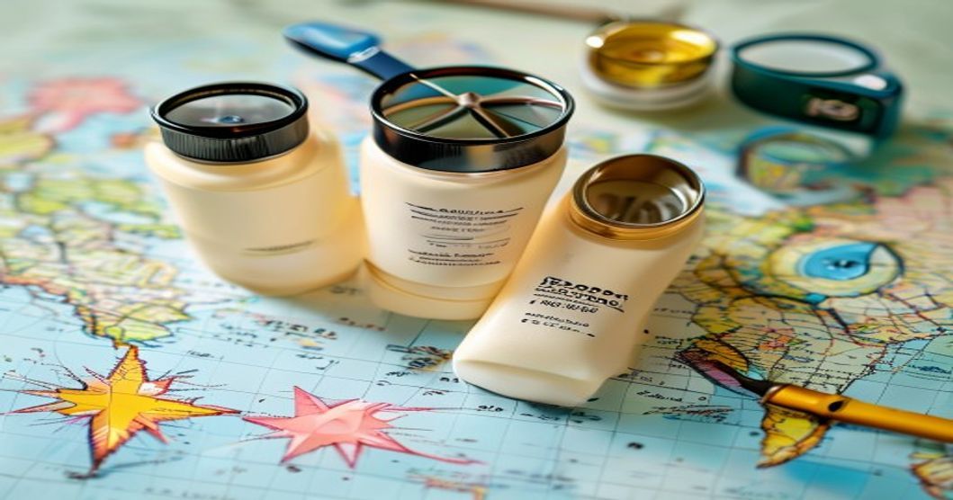 Comparison of two sunscreen bottles for travel, arranged with a map and travel accessories