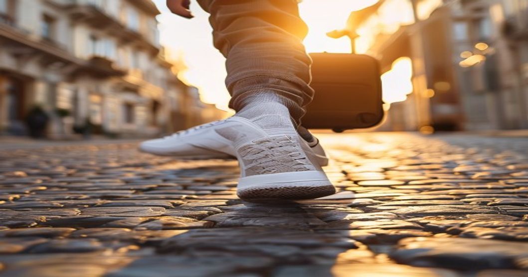 Traveler wearing practical sneakers while exploring historic city streets during vacation