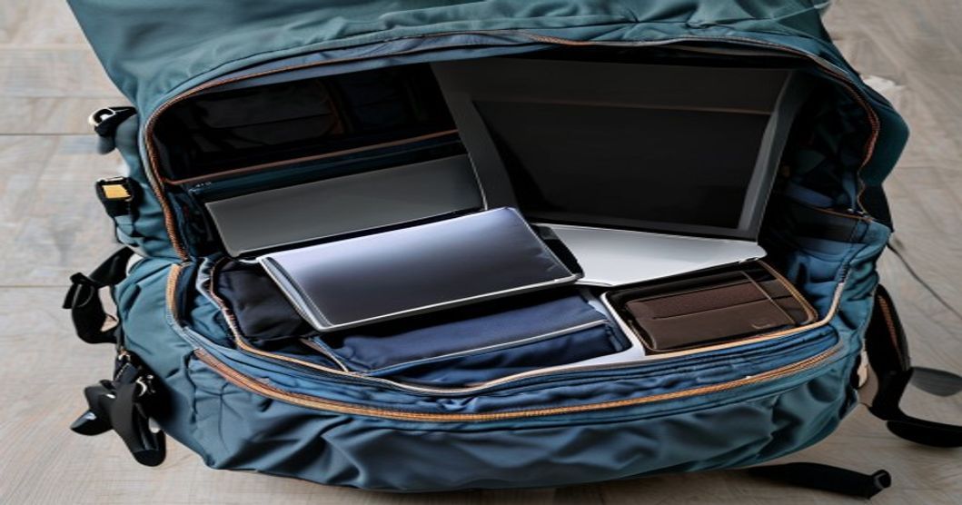 Detailed view of laptop compartment and internal organization in a 40-50 liter travel backpack