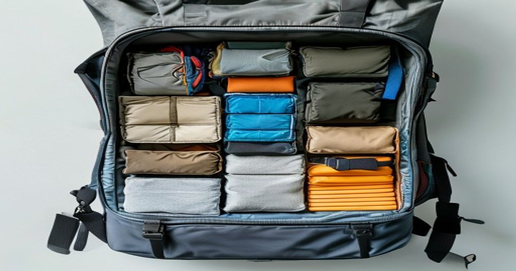 Inside view of travel backpack compartments and daypack attachment points