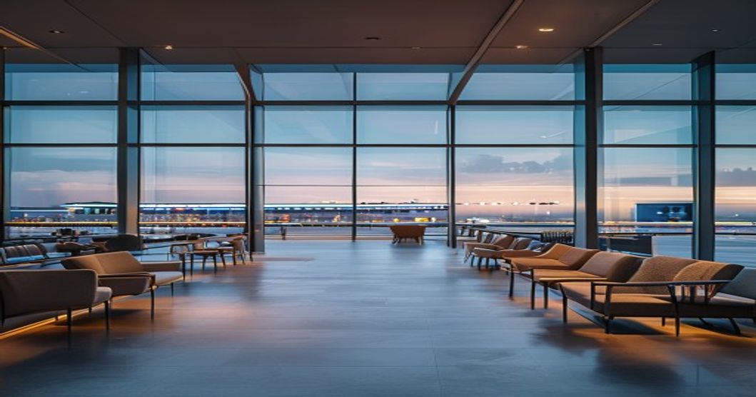 Premium airport lounge with seating and amenities available through travel credit card benefits