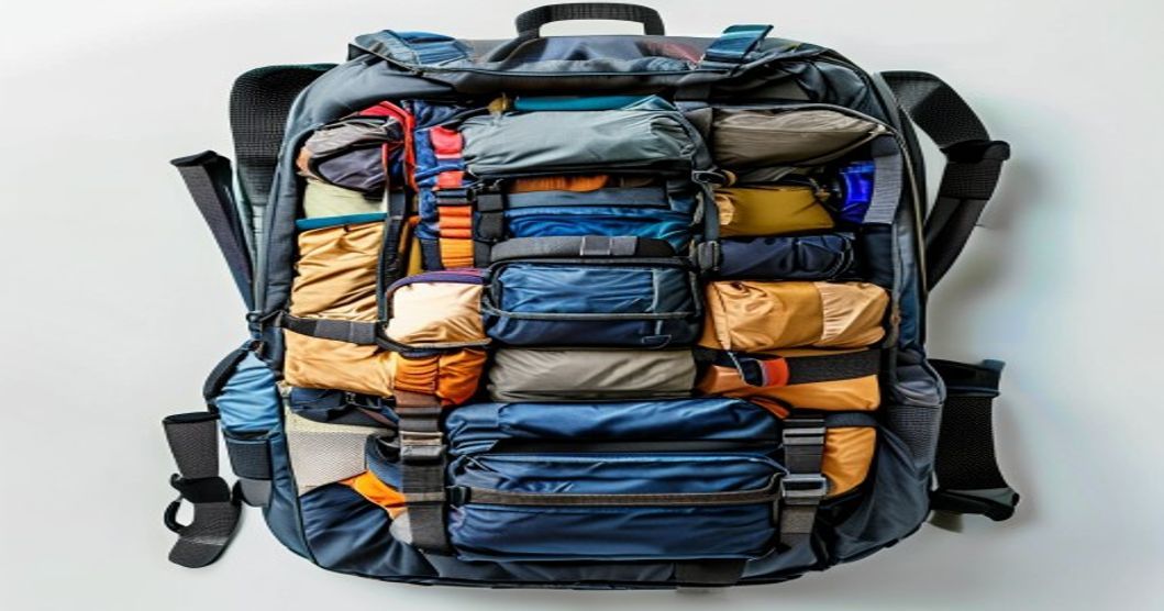 Packed travel backpack interior showing weight distribution