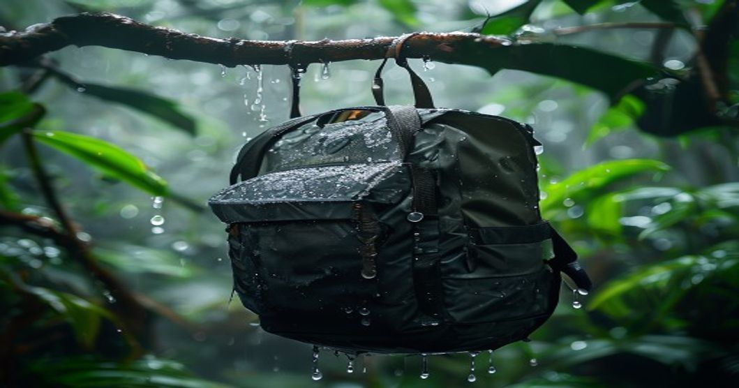 Waterproof travel backpack in actual rain conditions showing water resistance on tropical hiking trail