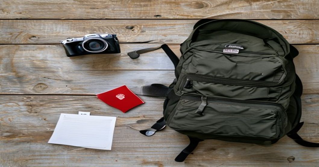 Flat-lay organization showing travel backpack with photography gear and essential travel items packed efficiently