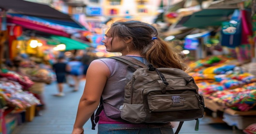 Woman traveling solo wearing anti-theft backpack in crowded market, demonstrating secure chest-worn positioning