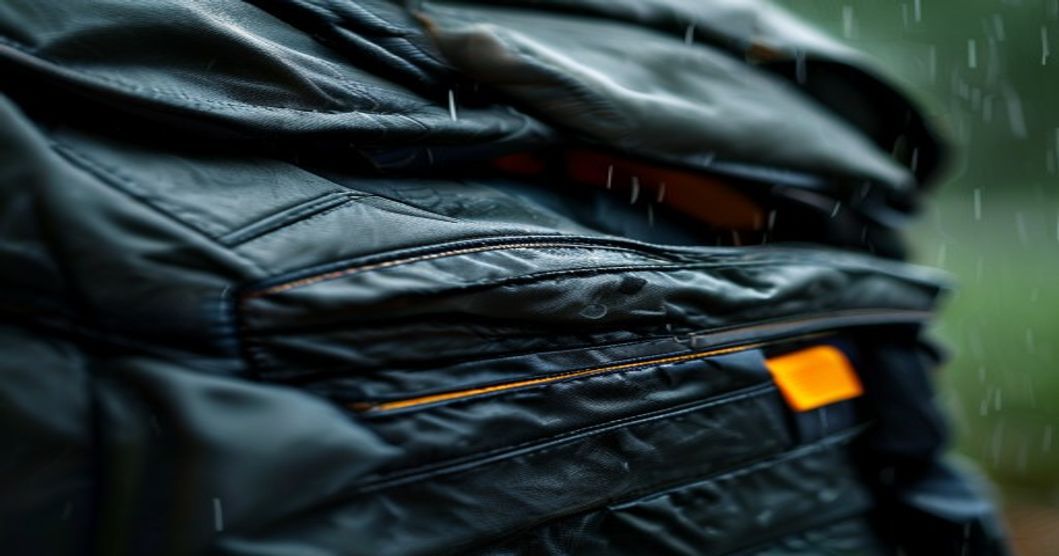 Close-up of waterproof zippers and expandable compartments on travel backpack in light rain
