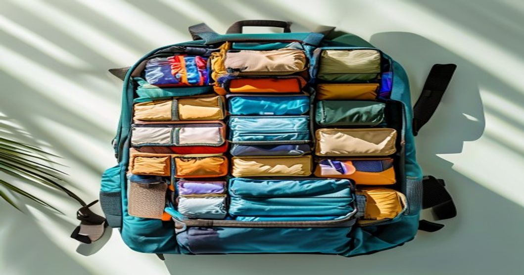 Overhead flat-lay of an open travel backpack with organized packing cubes and ventilated compartments, light streaming across the gear, suggesting tropical or humid destination prep