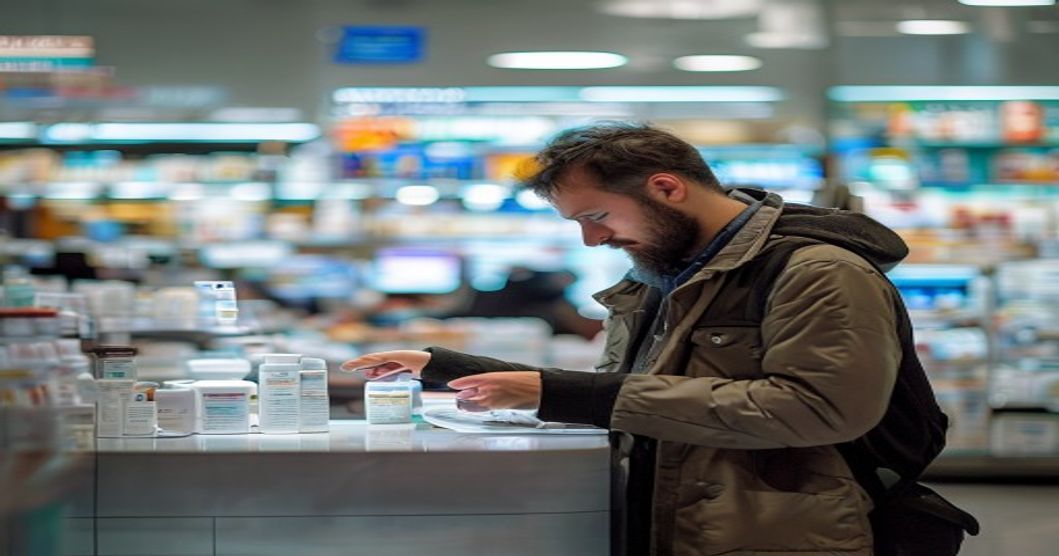 Traveler asking pharmacist about allergy medication options at an international airport pharmacy