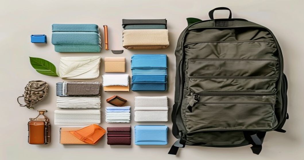 Organized packing cubes and travel gear displayed alongside an open backpack showing side-loading compartment